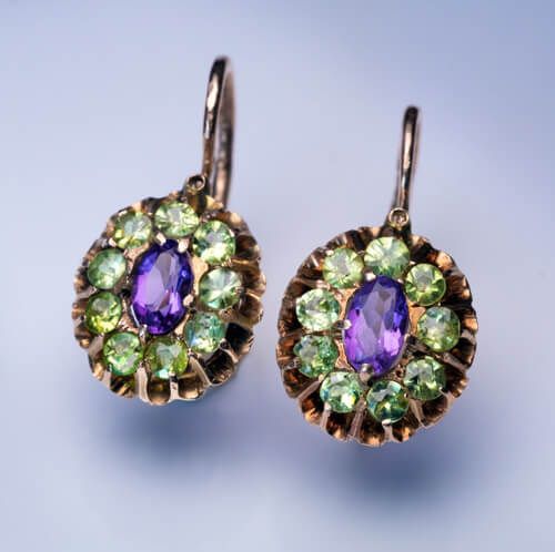 Aretes Vintage Redondos Cristal Verde y Morado
