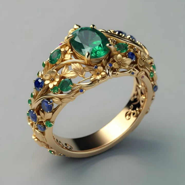 Anillo Azul y Verde Dorado de Cristal