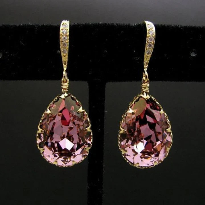 Aretes Rosados Gota Cristal en Oro