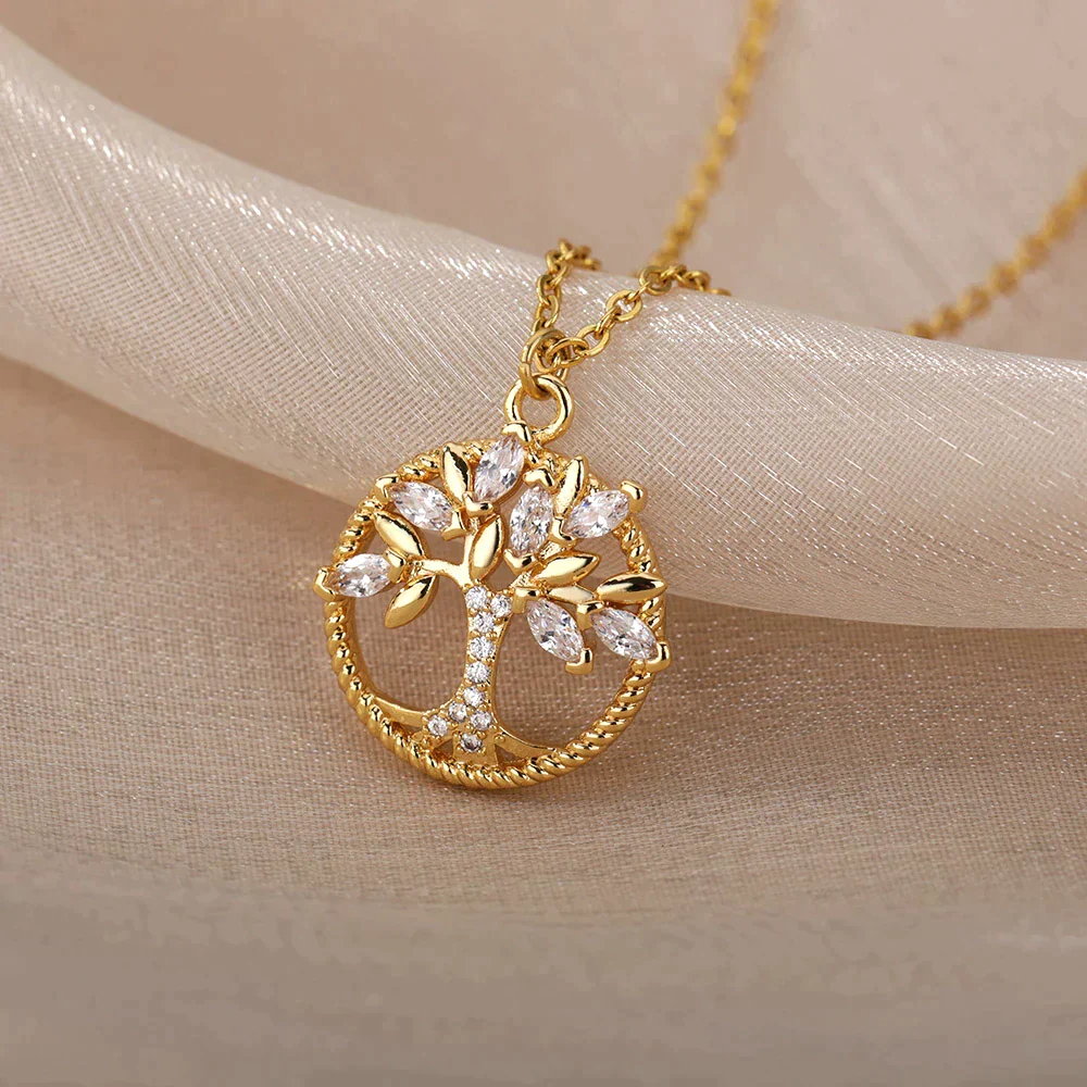 Collana con Albero della Vita e Zirconi in Oro