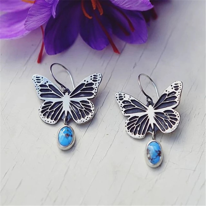 Orecchini Vintage in Argento con Farfalla in Pietra Blu