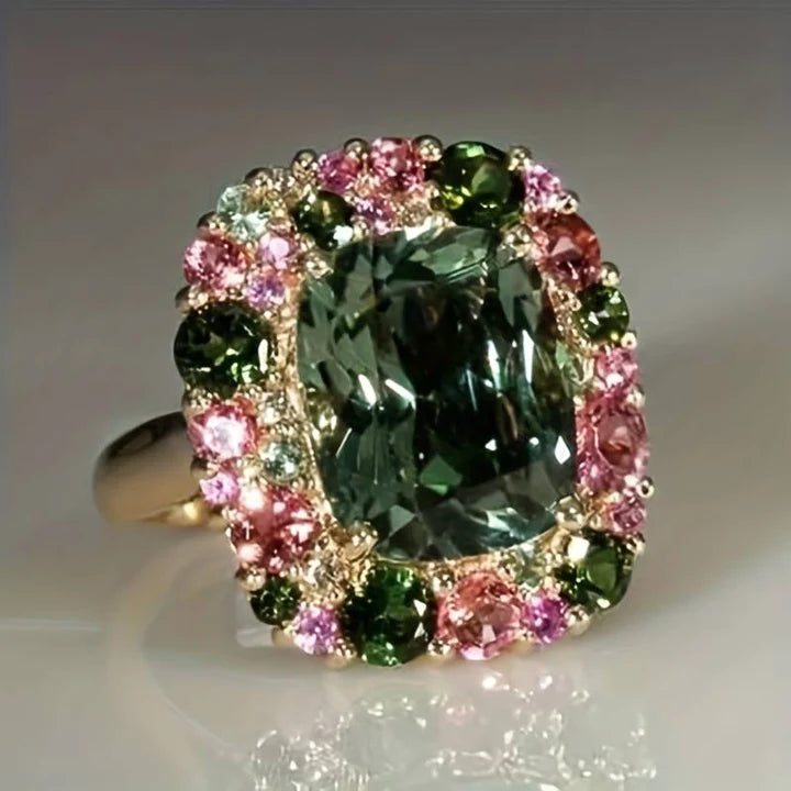 Anello vintage di cristallo verde e rosa